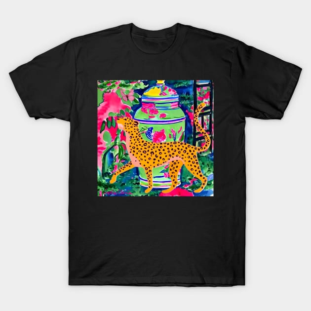 Walking panther and green chinoiserie jar T-Shirt by SophieClimaArt